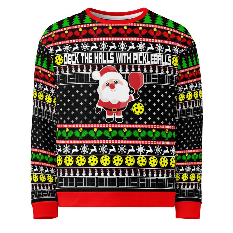 Deck The Halls With Pickleballs Ugly Pickleball Sweatshirt - Black