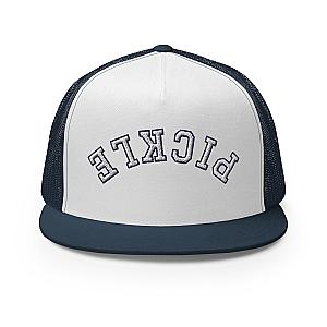 Upside Down Pickle Embroidered Trucker Hat - White Letters/Navy Outline