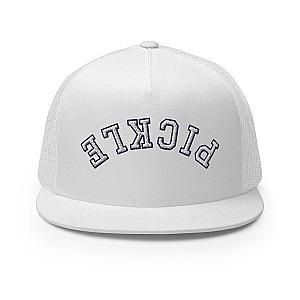 Upside Down Pickle Embroidered Trucker Hat - White Letters/Navy Outline