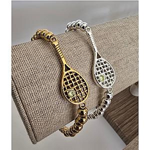 Lovematch Tennis Racquet Stretch Gold Bead Bracelet