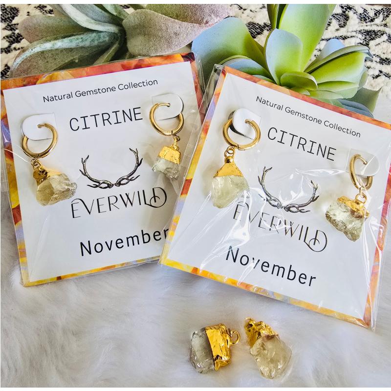 Raw Natural Gemstone Nugget Birthstone Earrings - November Citrine