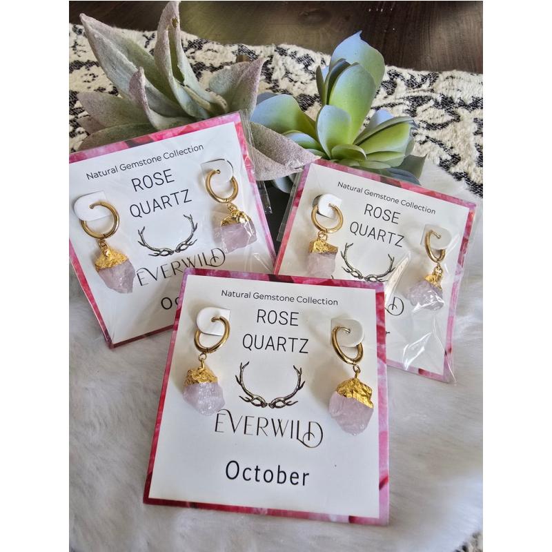 Raw Natural Gemstone Nugget Birthstone Earrings - October Rose Quartz