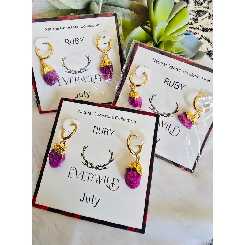 Raw Natural Gemstone Nugget Birthstone Earrings - July Ruby