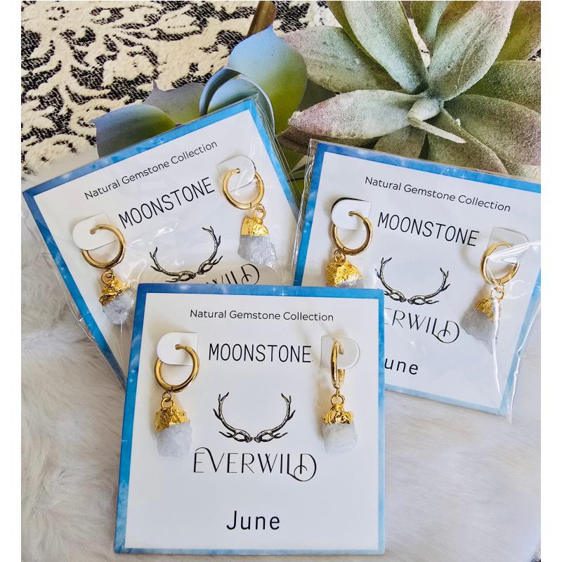 Raw Natural Gemstone Nugget Birthstone Earrings - June Moonstone