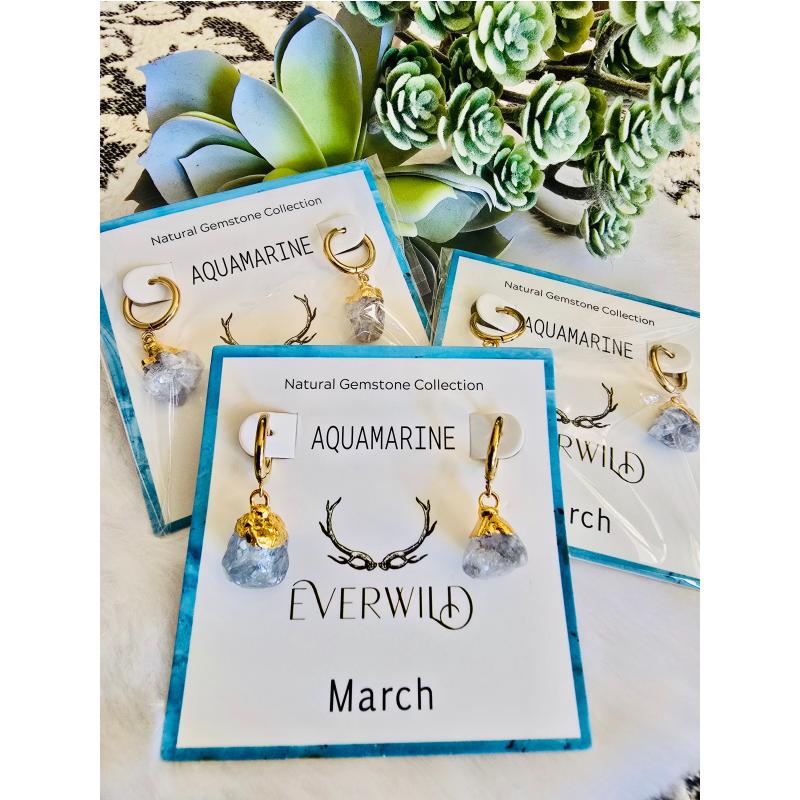 Raw Natural Gemstone Nugget Birthstone Earrings - March Aquamarine