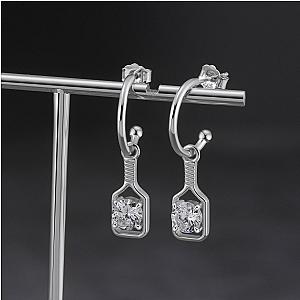 Pickleball Sparkle Paddle Hoop Earrings Silver