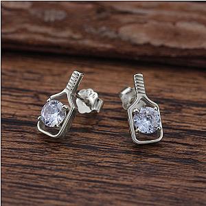 Pickleball Sparkler Paddle Stud Earrings Silver