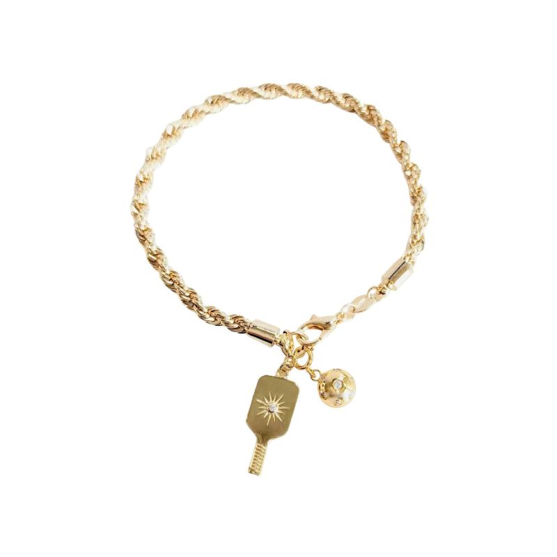 Pickleball Posh Player Paddle & Ball Charm Gold Bracelet