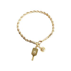 Pickleball Posh Player Paddle & Ball Charm Gold Bracelet
