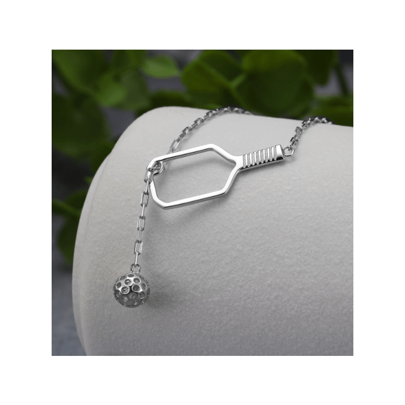 Pickleball Lariat Silver Paddle & Ball Necklace