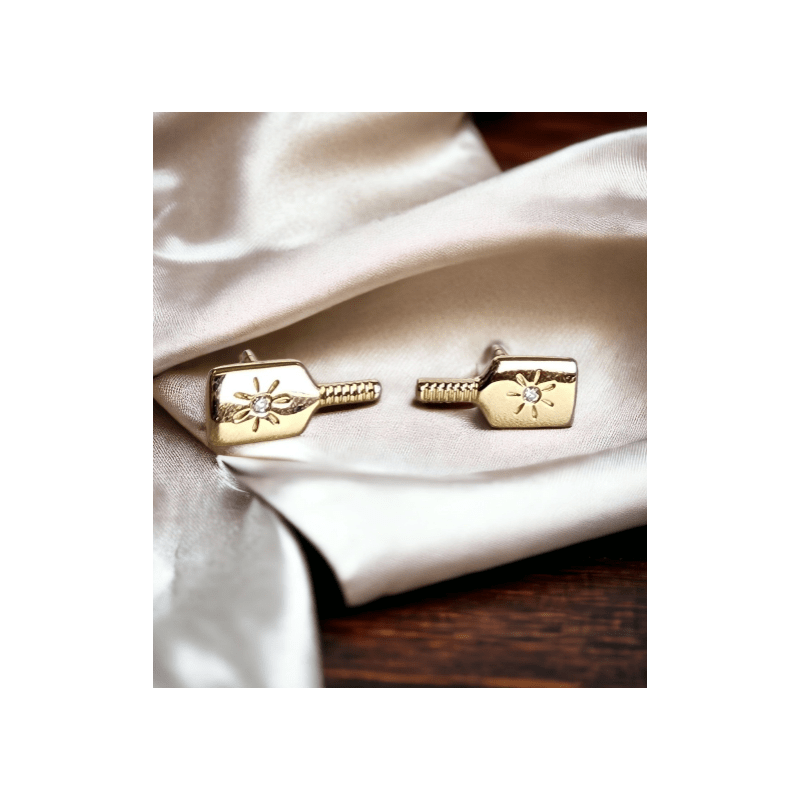 Pickleball Paddle FINE Solid 14k Gold Stud Earrings with Diamonds