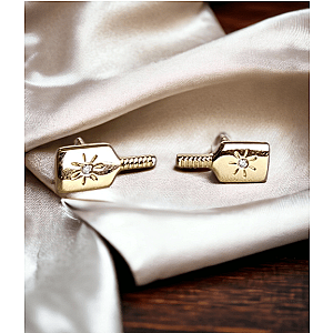 Pickleball Paddle FINE Solid 14k Gold Stud Earrings with Diamonds
