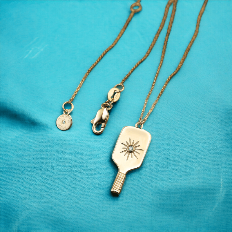 Pickleball Paddle Pendant FINE Necklace Solid 14k Gold with Diamond