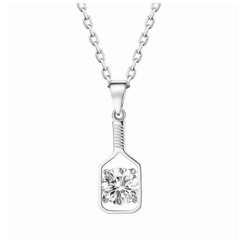 Pickleball Solitaire Paddle and Stone Silver  Necklace