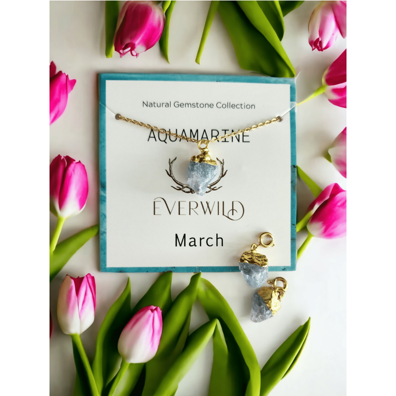 Raw Natural Gemstone Nugget Birthstone Necklace - March Aquamarine