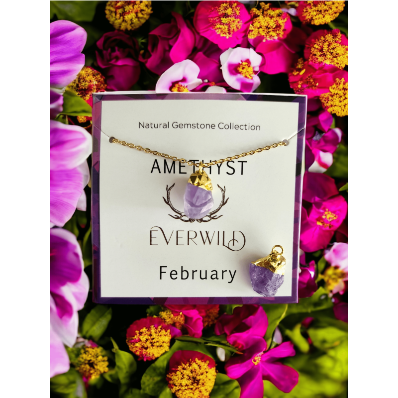 Raw Natural Gemstone Nugget Birthstone Necklace - February Amethyst