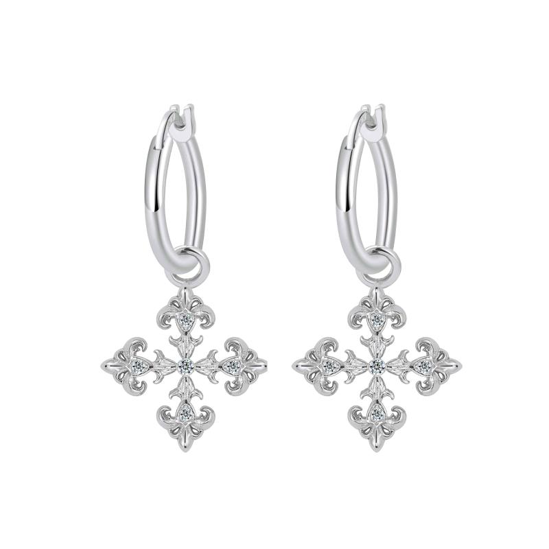 Saints Fleur De Lis Silver Cross Hoop Earrings