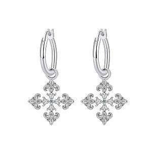Saints Fleur De Lis Silver Cross Hoop Earrings