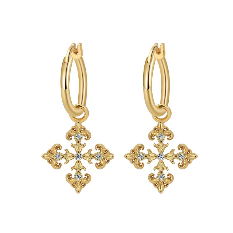Saints and Saviors Fleur De Lis Cross Hoop Earrings