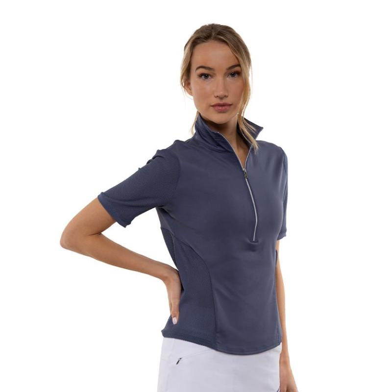 Zoe Performance Golf Polo – Silver Zip & Mesh Detail