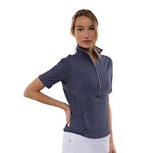 Zoe Performance Golf Polo – Silver Zip & Mesh Detail