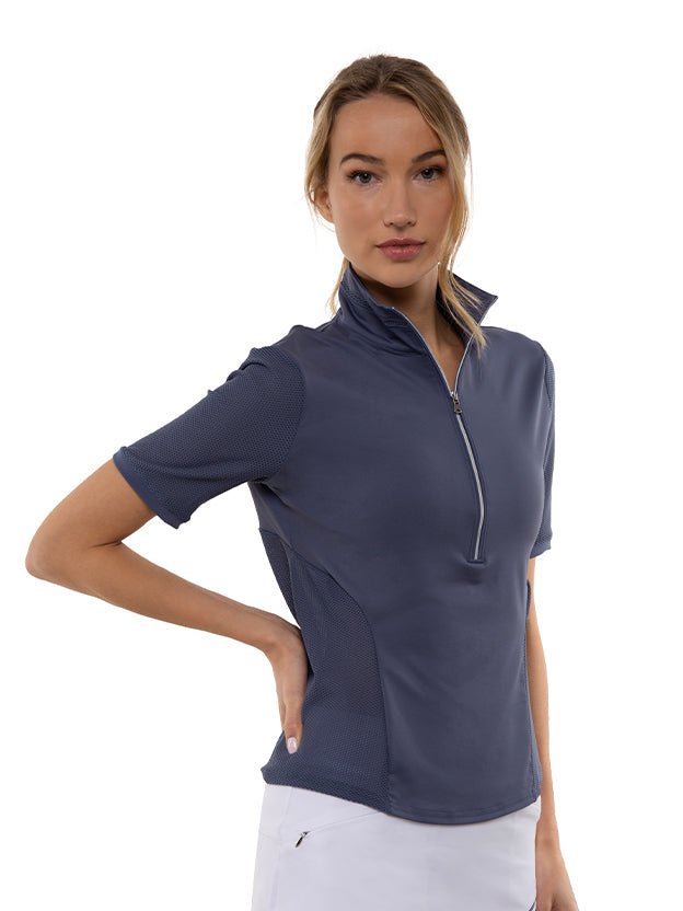 Zoe Performance Golf Polo – Silver Zip & Mesh Detail