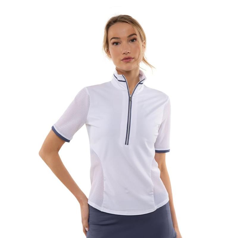 Zoe Performance Golf Polo – Silver Zip & Mesh Detail