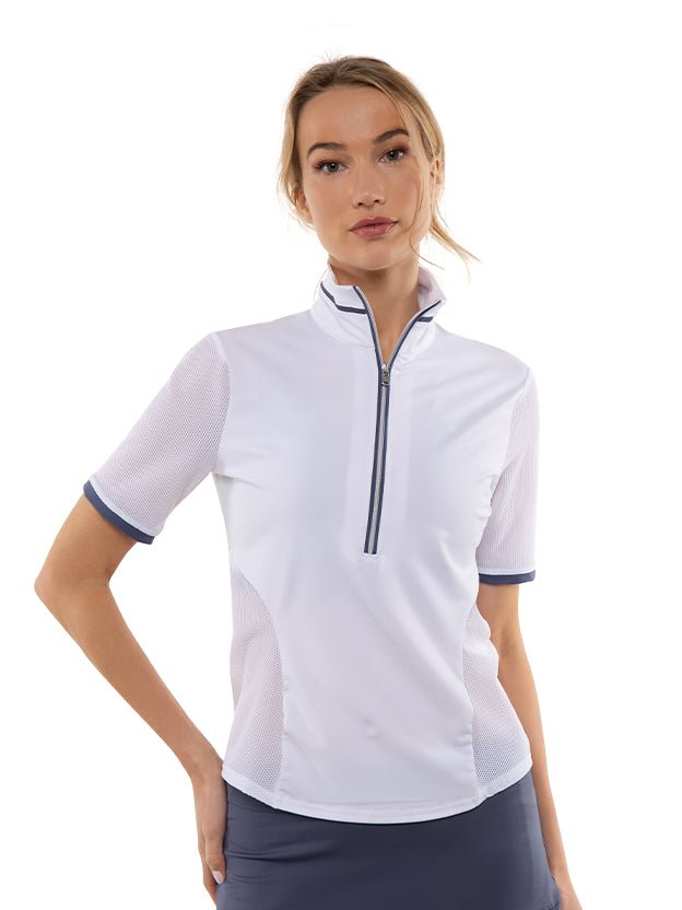 Zoe Performance Golf Polo – Silver Zip & Mesh Detail