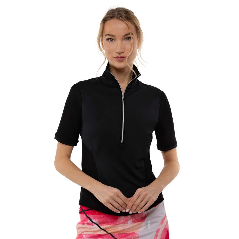 Zoe Performance Golf Polo – Silver Zip & Mesh Detail