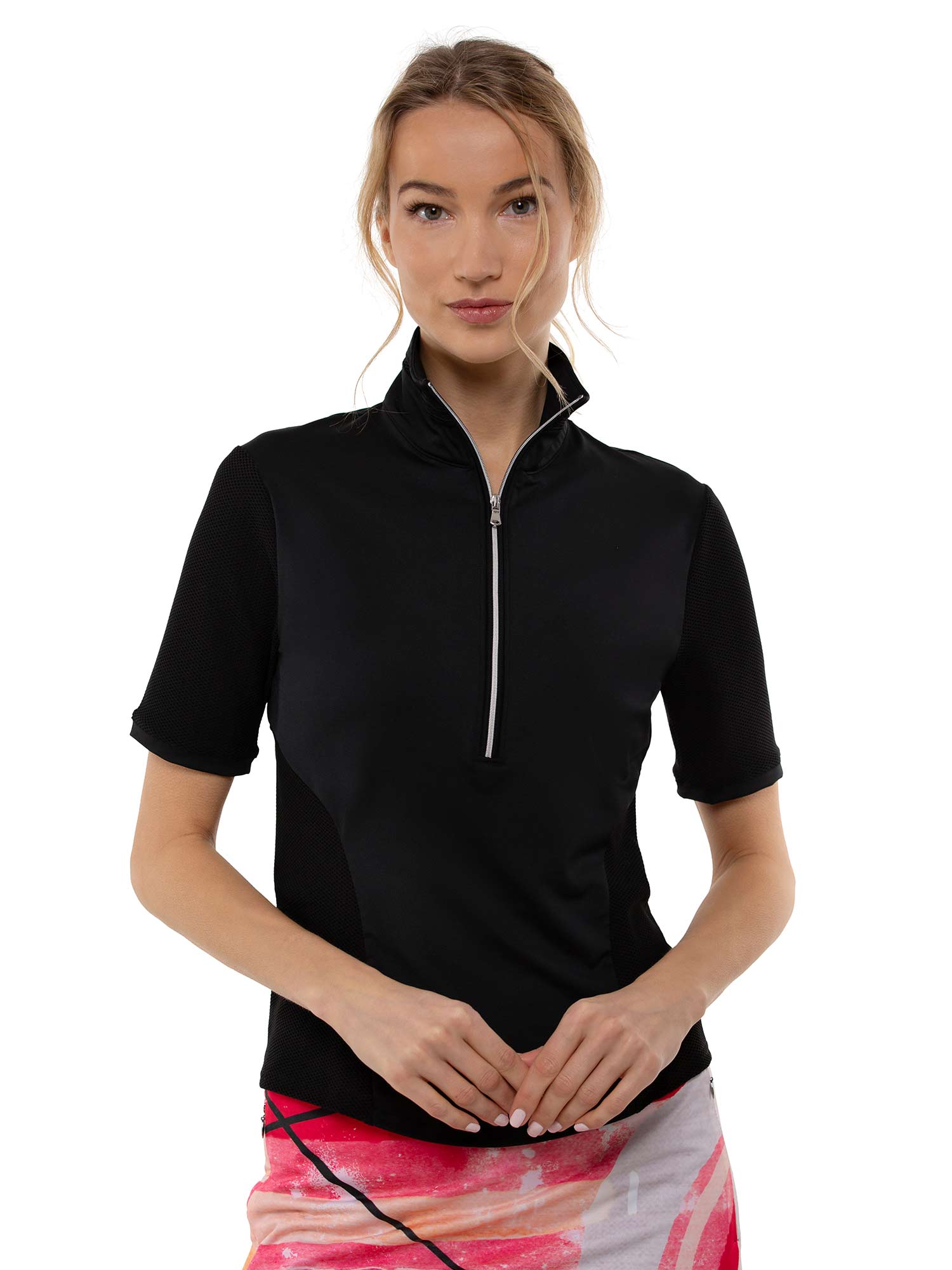 Zoe Performance Golf Polo – Silver Zip & Mesh Detail