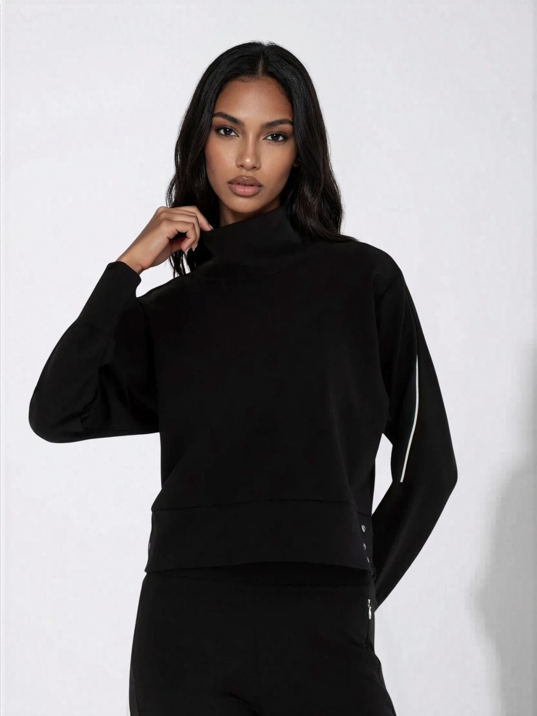 Funnel Neck Athleisure Sweat Shirt With Shoulder Zipper And UV Protection