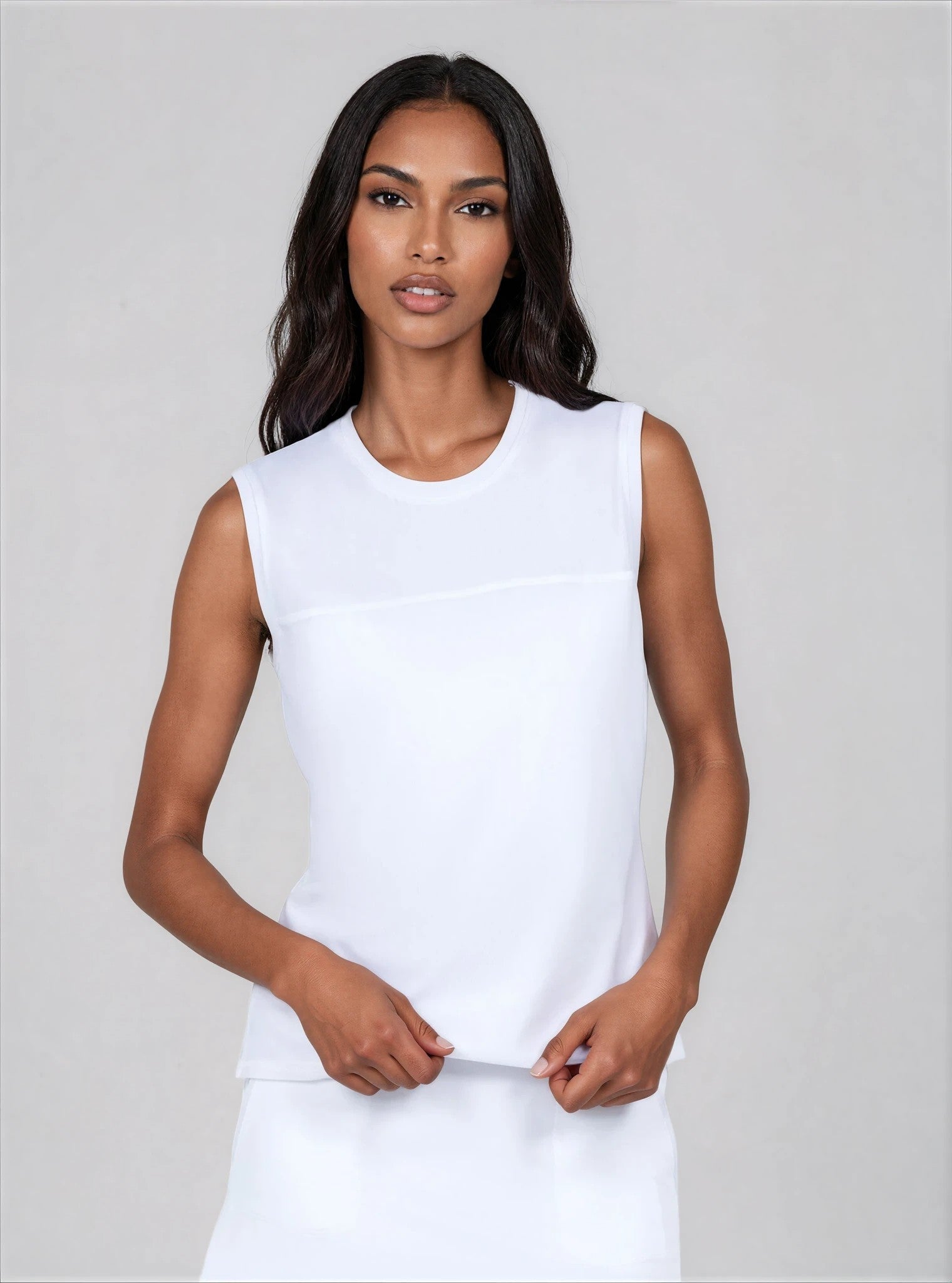 Relax-Fit Crewneck Tank with Light Mesh Overlay	 - White