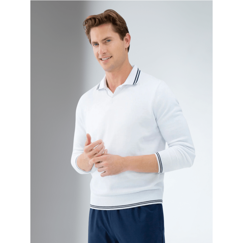 Classic V Neck Sweater - White/Midnight