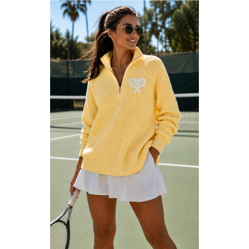 The Court Ribbed 3/4 Zip Sweater - Yellow