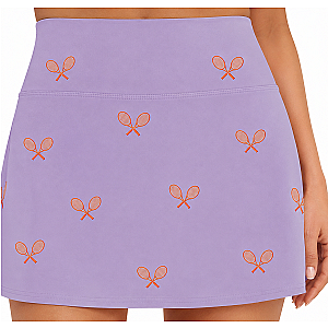 All Over Racquets High Waisted Tennis Skirt With Pockets Lavender/Orange Racquet Print For On Court Performance Comfort