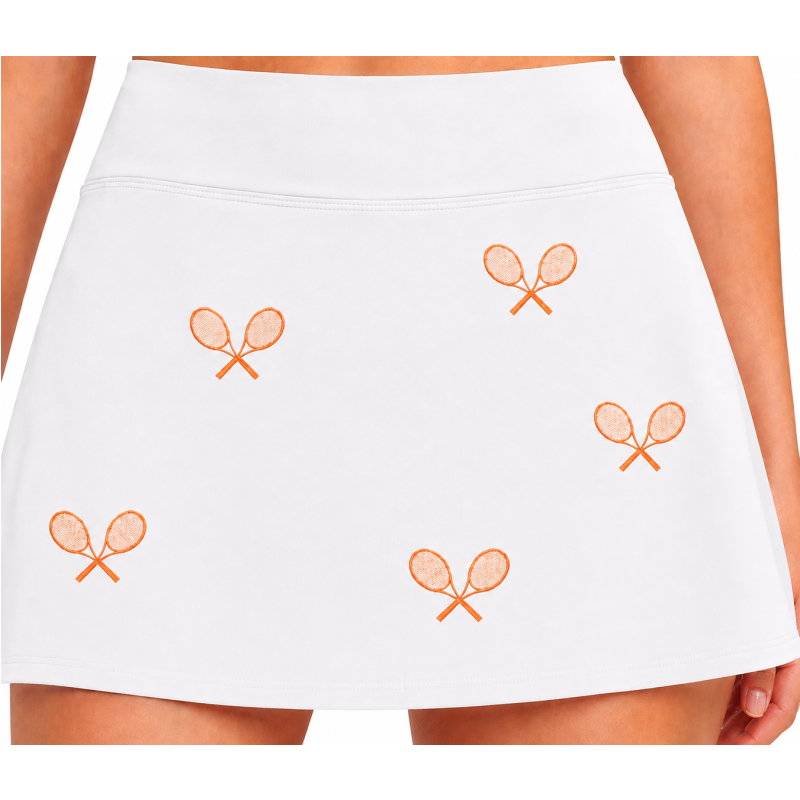 All Over Racquets High Waisted Tennis Skirt With Pockets White Orange Racquet Print For On Court Performance Comfort
