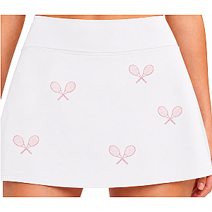 All Over Racquets High Waisted Tennis Skirt With Pockets White Pink Racquet Print For On Court Performance Comfort