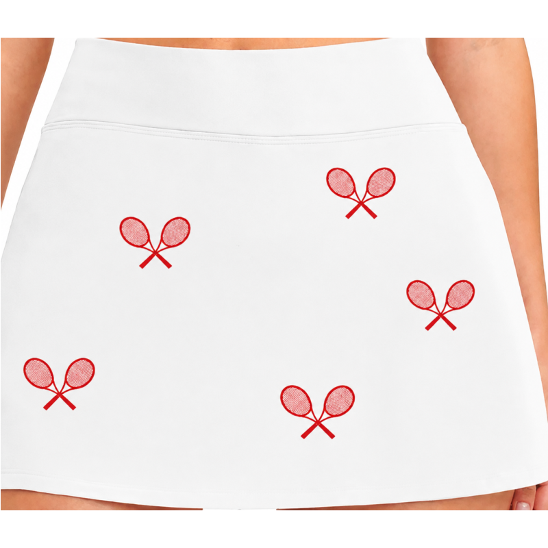 All Over Racquets High Waisted Tennis Skirt With Pockets White Red Racquet Print For On Court Performance Comfort