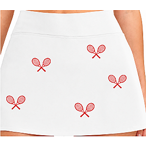 All Over Racquets High Waisted Tennis Skirt With Pockets White Red Racquet Print For On Court Performance Comfort