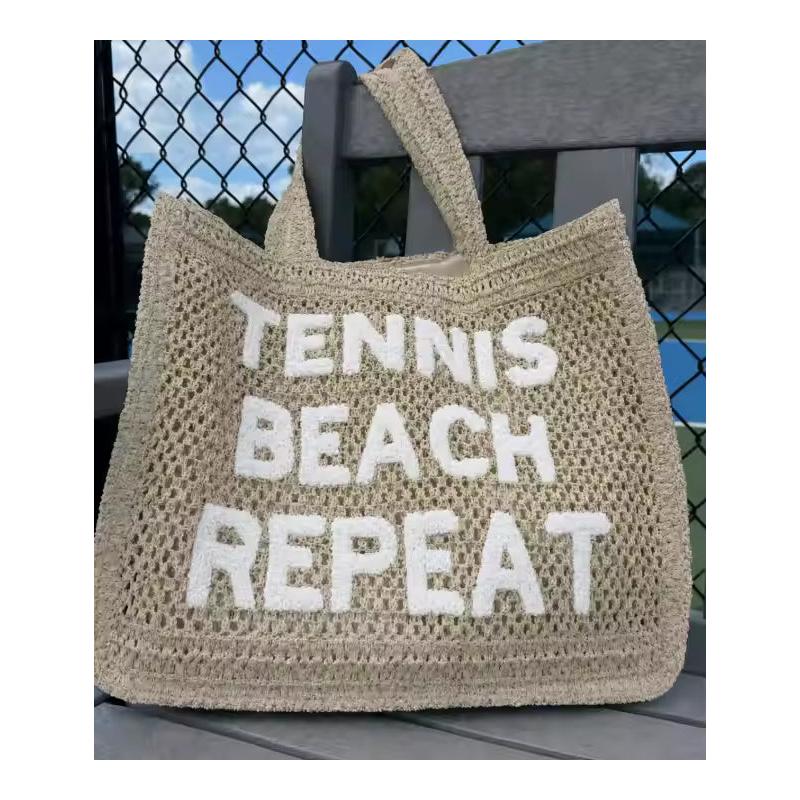 Crocheted Straw Tote Bag - "White Tennis, Beach, Repeat"