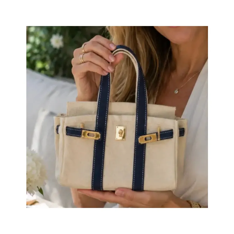 Canvas Boatkin MINI Handbag with Navy Trim & Gold Hardware