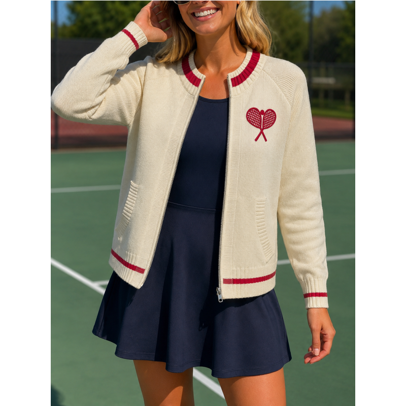 Women's Tennis Bomber - Baseball Jacket Cut - Knit Tennis Jacket