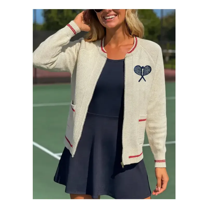 Cozy Zip-Up Sweater Bomber with Tennis Appliqué - Oatmeal/Wine/Navy