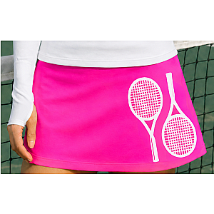 Women's High-Waisted Tennis Skirt with Built-In Shorts & Pockets | Hot Pink & White Country Club Skort