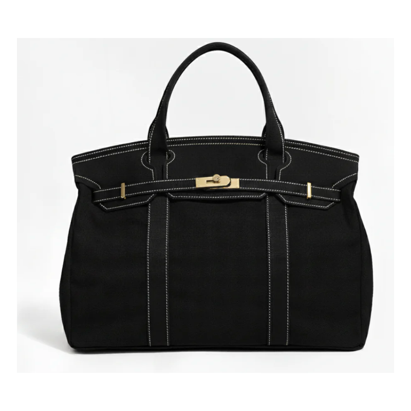 Canvas Boatkin Black Tote with Contrast Stitching & Gold Hardware | Large Designer-Inspired Canvas Tote