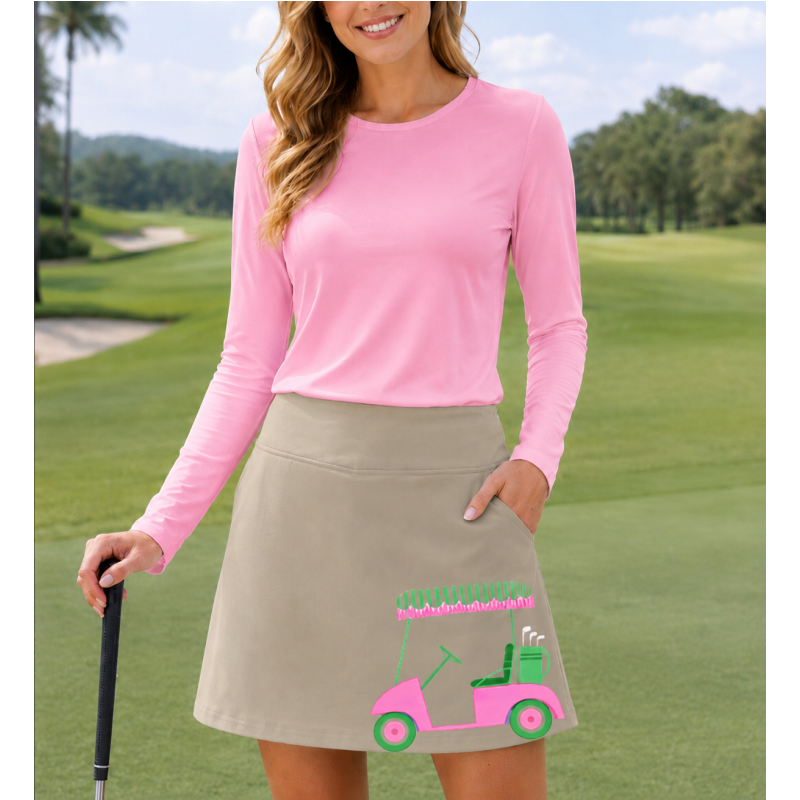 Women's Khaki Golf Skort with UPF 50+ | Golf Cart Print Skirt  | Runway Athletics