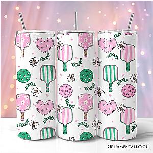 Sporty Coquette Pink Retro Pickleball 20oz Personalized Tumbler With Lid and Stainless Steel Straw, Valentine Travel Mug Gift