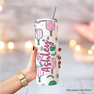 Sporty Coquette Pink Retro Pickleball 20oz Personalized Tumbler With Lid and Stainless Steel Straw, Valentine Travel Mug Gift