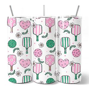Sporty Coquette Pink Retro Pickleball 20oz Personalized Tumbler With Lid and Stainless Steel Straw, Valentine Travel Mug Gift