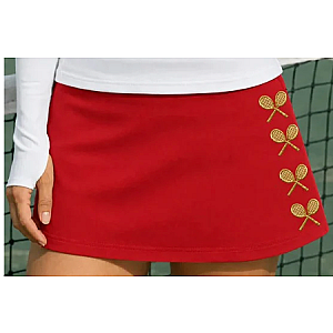 Court Couture Women's High-Waisted Tennis Skort with Built-In Shorts & Pockets – Red & Gold